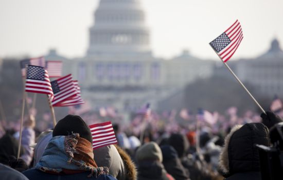 Flag waving and celebrations at the US capitol building in Washington DC